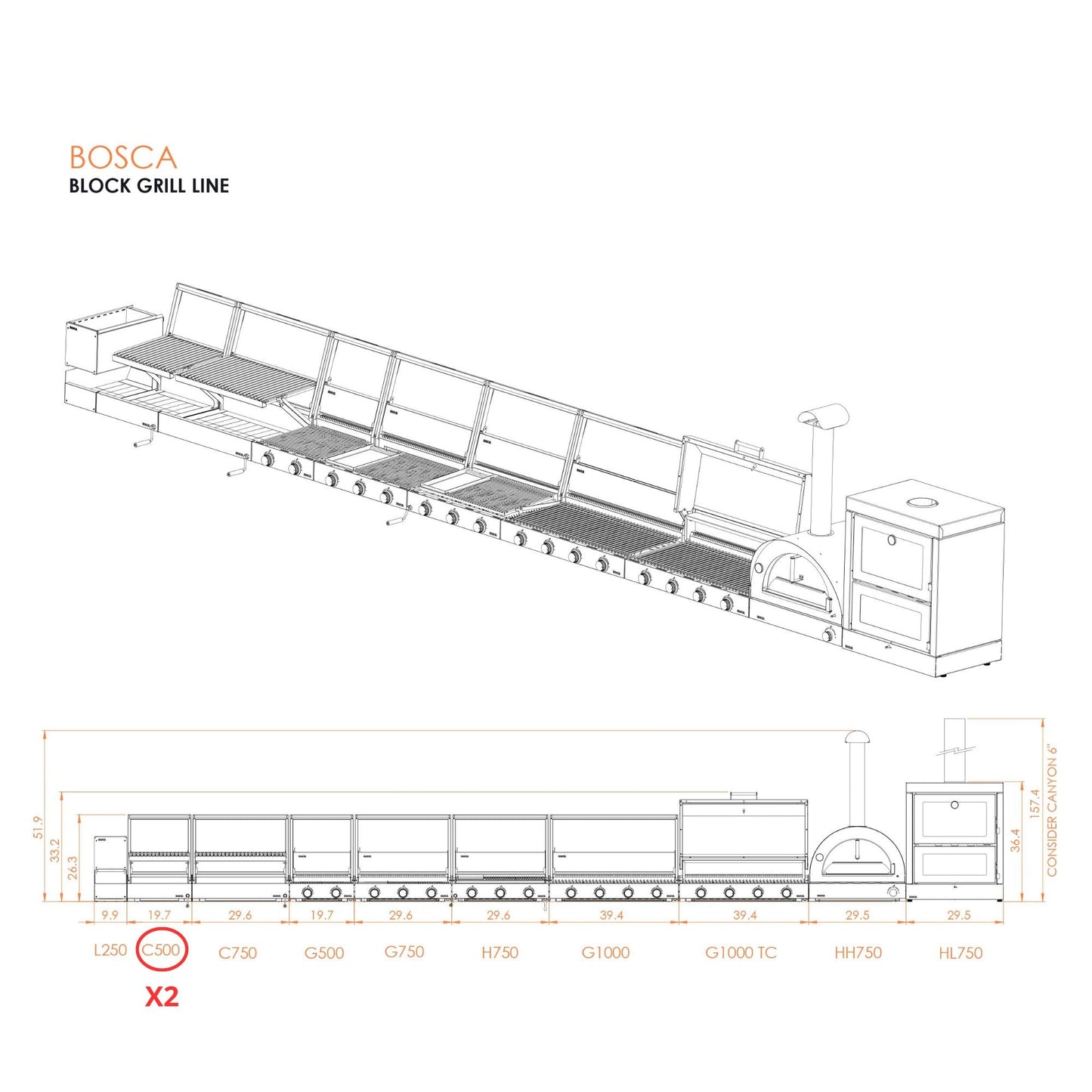 Bosca Pack Block 500 20" + Block 500 20" Built-in Charcoal Grill