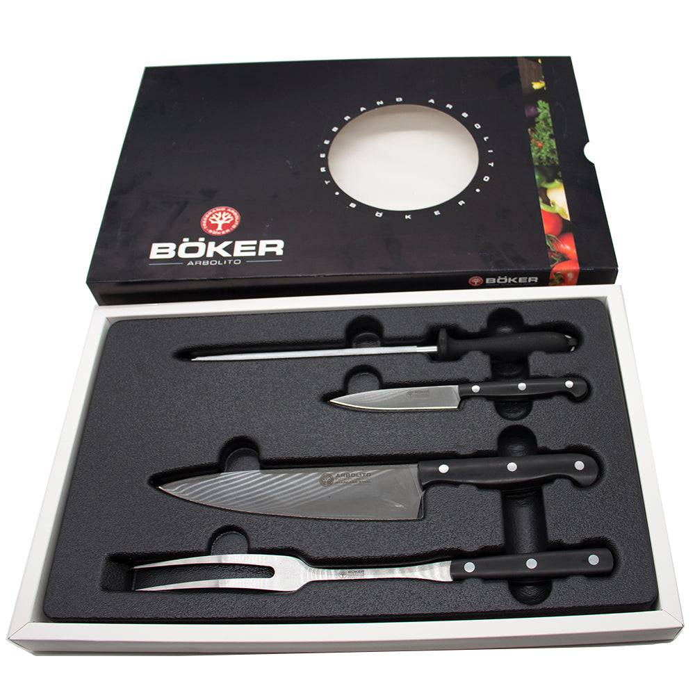 BOKER Premiun Meat Fork, Carving & Steak Knives & Sharpening Tool Set | KF02